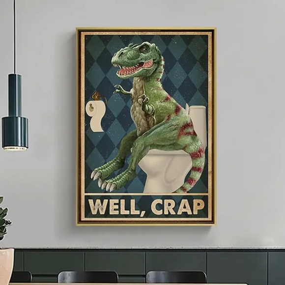 Funny Bathroom Pooping Dinosaur Canvas Wall Art - Picture 2 of 4